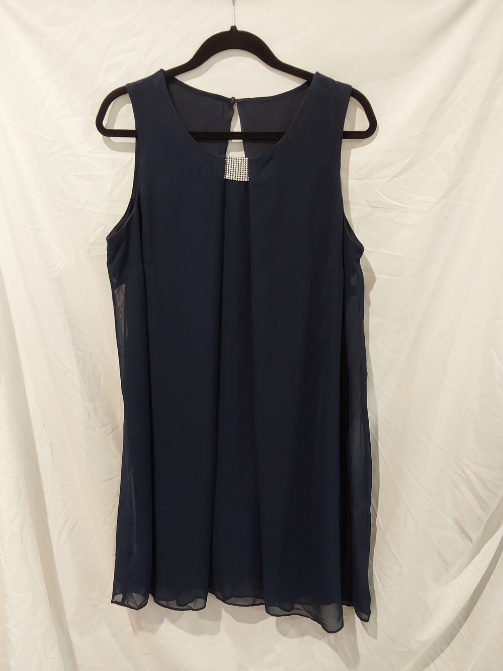 J.B.S. Navy Chiffon Sleeveless Dress with Rhinestone Detail